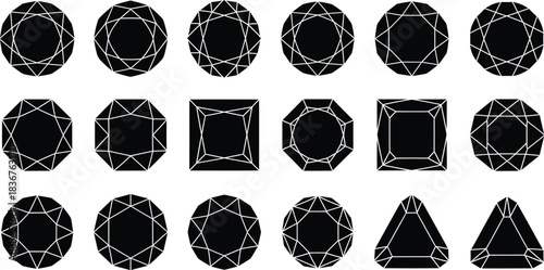 Collection of diverse gemstone silhouettes including oval square and triangular cuts with intricate decorative borders on a white background