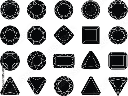 Collection of various gemstone cuts and shapes presented as black silhouettes on a white background