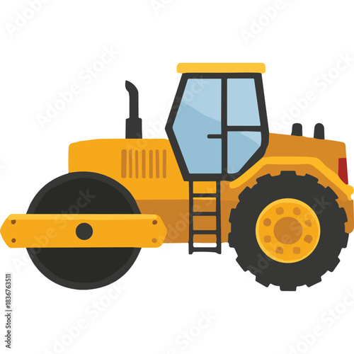 Vibrant Yellow Steamroller Machine with Large Drum and Rugged Tires on a Black Background Depicting Construction Equipment Detailed Flat Illustration