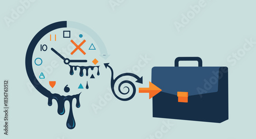 The concept of time management and productivity, illustrating how time flows into work, emphasizing the importance of deadlines and efficiency