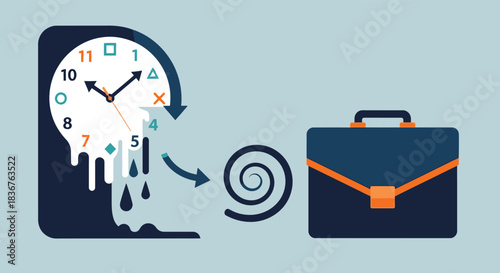 A melting clock transforming into a swirling vortex leading to a briefcase, symbolizing time pressure and the urgency of business matters