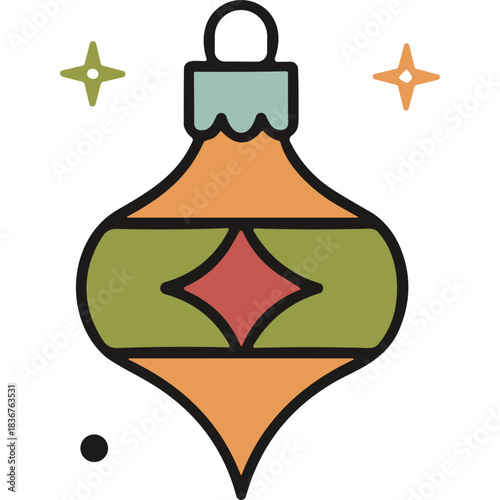 Vintage Christmas Ornament Festive Holiday Decoration With Star Sparkles And Geometric Pattern In Orange Green And Red Colors On Black Background Detailed Illustration