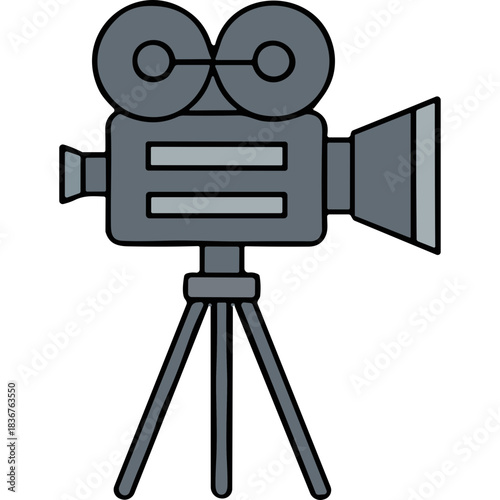 Vintage Movie Camera on a Tripod in a Neutral Gray Tone Representing Filmmaking and Cinema Production with Retro Aesthetics