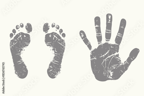 vintage style fingerprint and footprints marks illustration. body marks art, grunge texture prints, human palm and soles engraving style. eps 10
