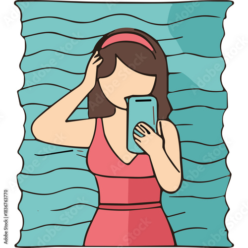 Woman In A Pink Dress Holding A Smartphone Taking A Selfie In Front Of A Turquoise Wavy Background With A Black Border