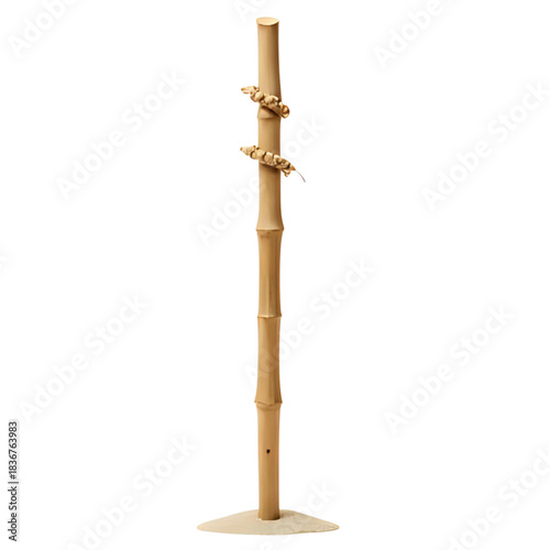A tall, slender, natural bamboo pole standing upright on a light-colored base, tied with twine in two places