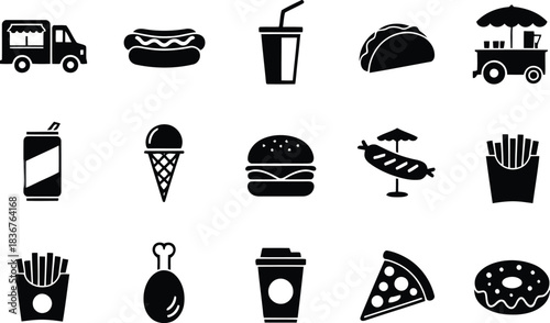 A collection of black silhouette icons representing popular fast food items and vendor carts on a white background