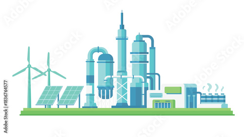 Clean energy industrial facility with wind turbines solar panels and modern processing towers showing renewable power system green technology and sustainability