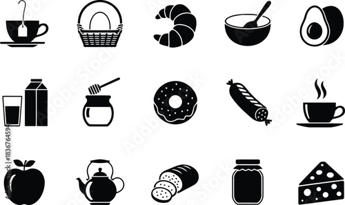 A comprehensive collection of black silhouette icons representing common breakfast and pantry food items