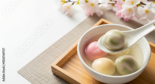Wallpaper Mural Colorful Tangyuan in a White Bowl with Cherry Blossoms. Torontodigital.ca