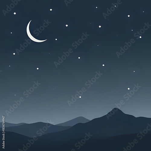 A serene night sky illustration featuring a delicate crescent moon and twinkling stars above a peaceful mountain range, evoking calm and natural beauty and the tranquility of the nocturnal landscape