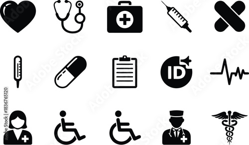 A comprehensive set of black silhouette medical and healthcare icons on a clean white background