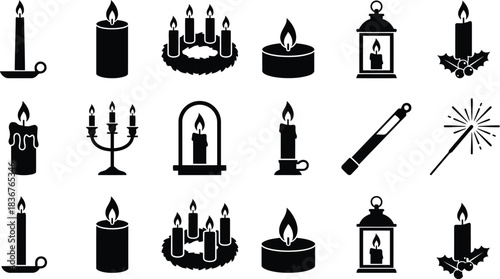 Candle light and flame silhouette icon set. Wax candles, lanterns, and burning fire symbols for memorial, church, and holiday decoration vector collection.