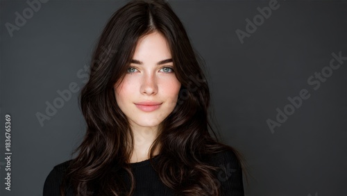 Beautiful young woman with long dark hair and captivating eyes