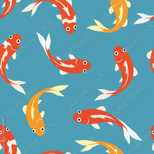 Seamless Pattern of Orange Koi Fish on Blue Background