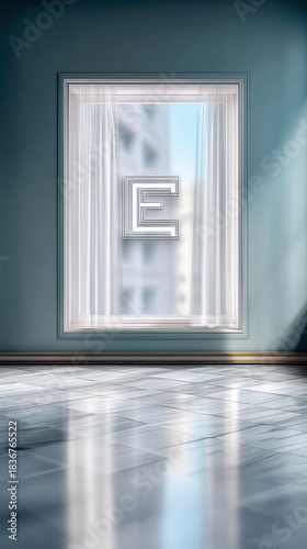 Letter E in Window with Curtains and Sunlight