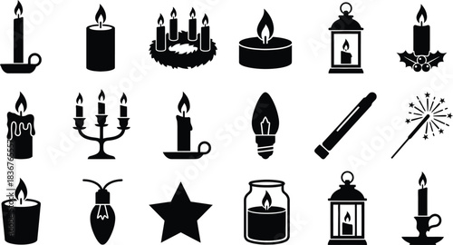 Candle light and flame silhouette icon set. Wax candles, lanterns, and burning fire symbols for memorial, church, and holiday decoration vector collection.