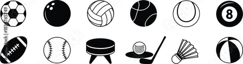 A diverse collection of black and white sports icons featuring various balls and equipment for popular competitive games