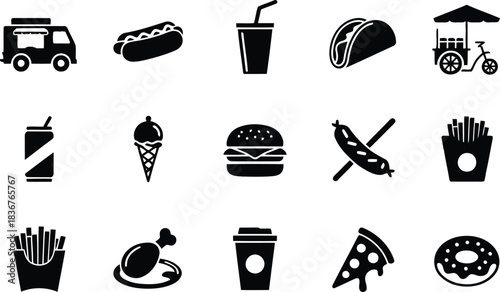 A diverse collection of black silhouette icons depicting popular fast food and street food items