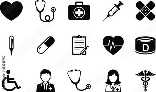 A comprehensive set of essential medical icons depicting healthcare professionals and various treatment and diagnostic tools