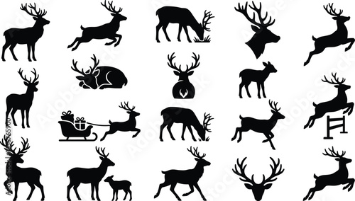 Deer and reindeer silhouette icon set. Forest wildlife animals and Christmas stag symbols including jumping buck, doe, antlers, and Santa sleigh vector collection.