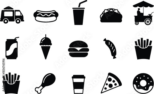 Black outline icons showcasing a variety of popular fast food dishes and mobile food service options