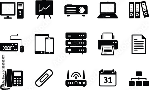 This distinct collection features essential black silhouette icons representing modern office supplies and crucial technology solutions
