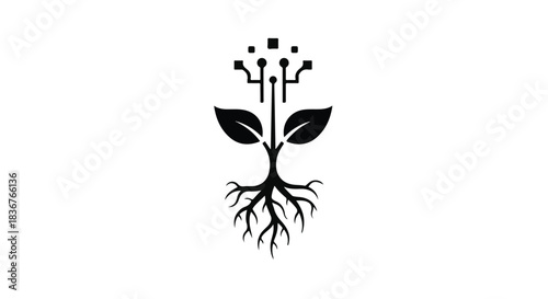 A stylized plant with roots and leaves merges with digital circuitry, symbolizing technological growth and innovation.
