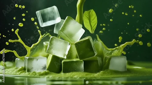 Falling ice cubes triggering matcha splash eruption, crisp studio look 