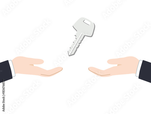 Key handover, business, real estate, insurance, car, contract concept, flat design, front view vector illustration. 鍵の受け渡し、ビジネス、不動産、保険、車、契約の概念、フラットデザイン、正面図のベクターイラスト