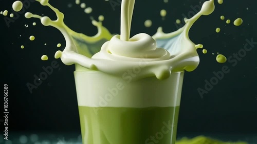Creamy matcha swirl pouring into a transparent glass, elegant splash forming around the rim,