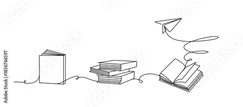 Opened book and flying paper plane continuous one line drawing. Hand drawn line art vector illustration Creative strategy and education innovation