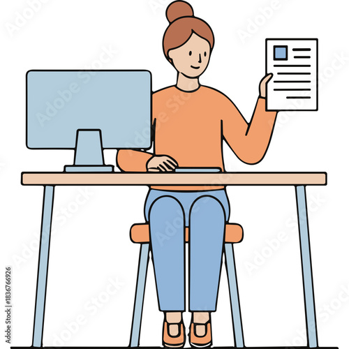 Woman Sitting At Desk Holding Document Computer Monitor On Table Light Orange Sweater Light Blue Pants Office Setting Professional Occupation