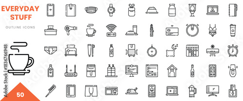 A collection of outline icons representing various everyday items and activities.
