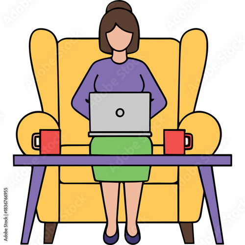 Woman Sitting In A Yellow Armchair Working On A Laptop With Two Red Mugs On A Purple Table In Front Of Her In A Brightly Lit Room