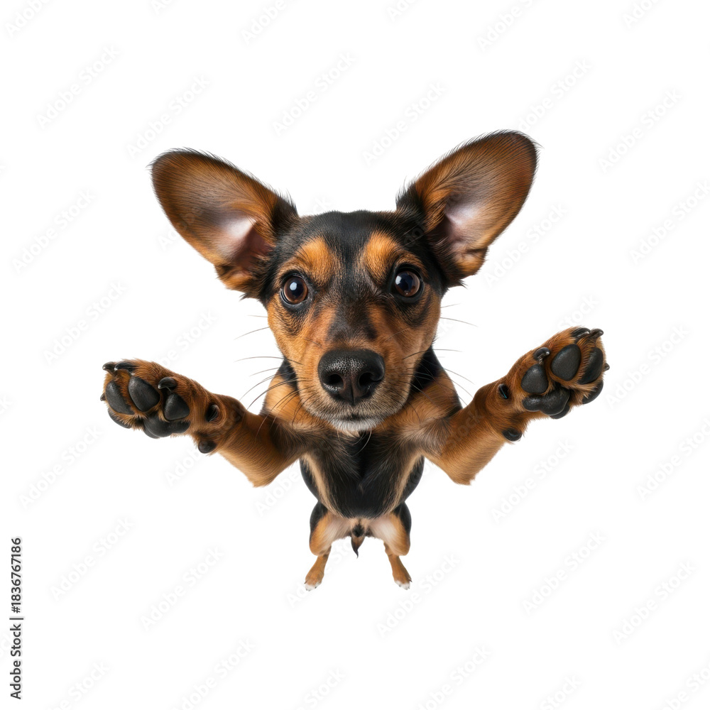 Obraz premium Cute miniature pinscher dog with paws up isolated on transparent background