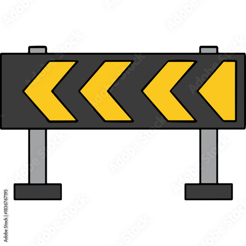 Yellow Arrow Directional Traffic Sign Barrier With Gray Posts And Black Base On Black Background