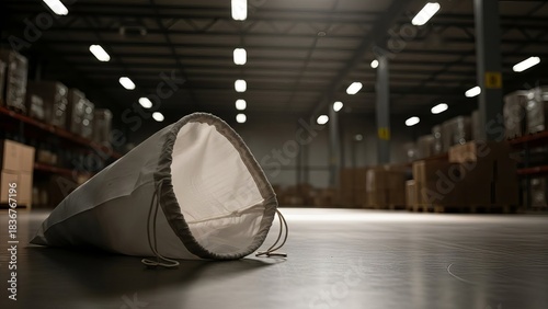 A drawstring sack rests on the floor of a warehouse filled with rows of boxes illuminated by overhead lights