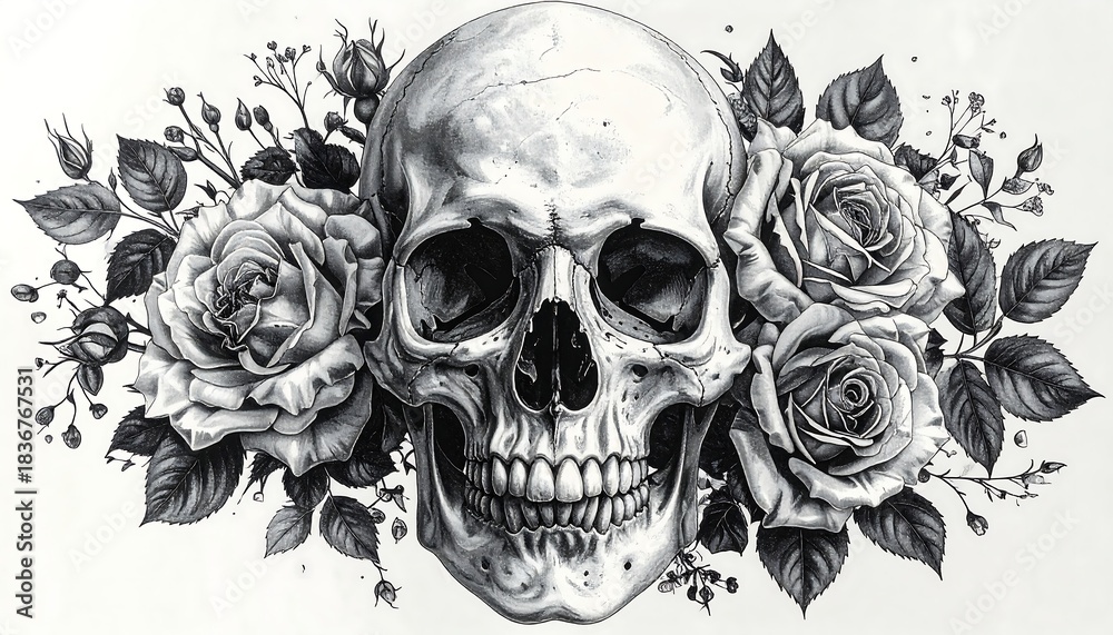 Obraz premium Black and white illustration of a skull surrounded by blooming roses