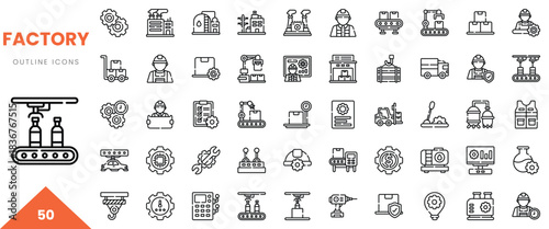 Set of factory outline icons depicting machinery, workers, and production processes.