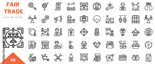 A collection of 50 outline icons representing fair trade concepts and practices.