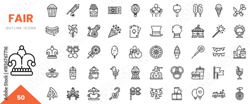 A collection of fun outline icons representing fair activities and treats