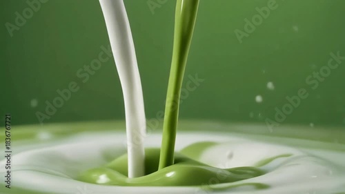 Milk foam and matcha mixing turbulence with droplet splash details, macro ad style 