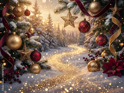 A magical winter forest path illuminated by golden sparkling lights and adorned with festive Christmas ornaments and ribbons.