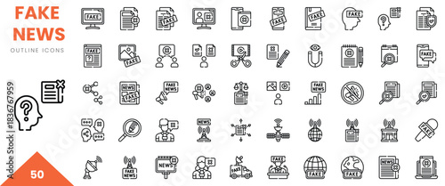 A collection of outline icons representing concepts related to fake news and media awareness.