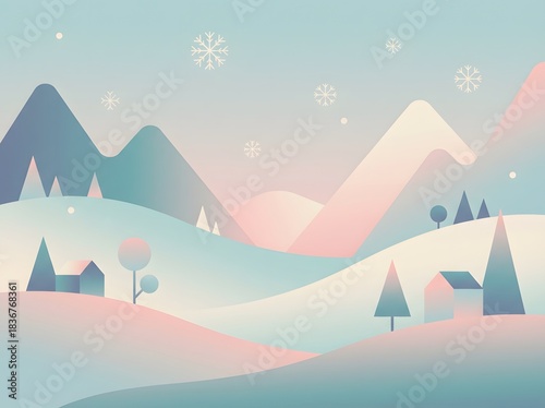 A serene winter landscape with soft pastel-colored mountains, snow-covered hills, and quaint houses.