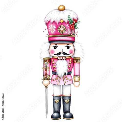 Whimsical pink nutcracker soldier with white beard, black boots, and festive hat, isolated on a transparent background, festive decor isolated on transparent background
