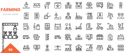 A collection of 50 outline icons depicting various farming activities and equipment.