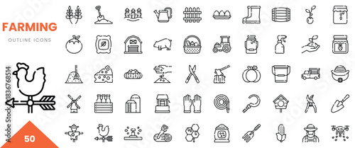 A diverse collection of farming outline icons depicting agricultural activities and tools.
