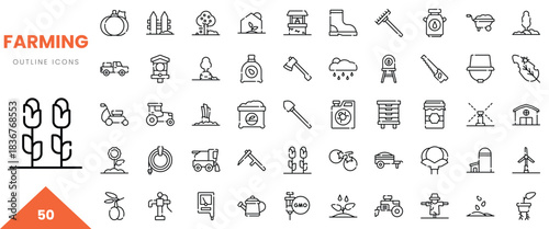 A collection of farming outline icons including tractors, tools, and agricultural symbols.